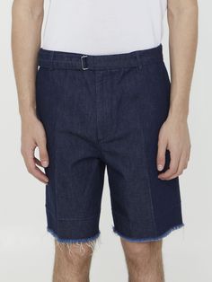 Pleated bermuda shorts in blue cotton and linen denim. It features zip, button and hook-and-eye closure, adjustable and detachable belt on waist, two side welt pockets, two rear buttoned welt pockets and raw hems. The model is 190cm tall and wears size US 32.  Size nationality: US  Product number: 4717595  Product code: RM-TR0205-D060-E23Navy  Composition: 60% cotton, 40% linen Platform Wedge Heels, Loafer Sneakers, Adjustable Belt, Premium Brands, Clothes Collection, Cardigan Jacket, Lanvin, Welt Pockets, Welt Pocket