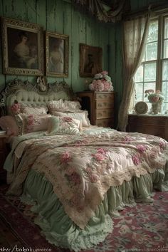 a bed sitting in a bedroom next to a window covered in pink and white flowers