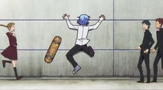 three people are jumping in the air with their arms outstretched and one person is holding a skateboard