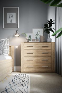 a bedroom scene with focus on the chest of drawers and plant in the corner near the bed