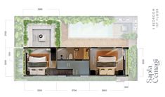 the floor plan for a small home with two beds and an open kitchen area in it