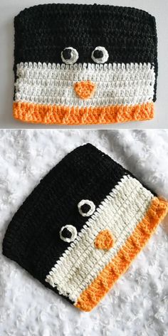 two crocheted hats with eyes and nose are shown in black, white, and orange