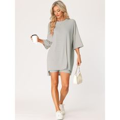 This 2 Pieces Lounge&sleepwear set features a crew-neck oversized matching outfit set, sleeve drop shoulder T-shirt, High-Waist biker short bodycon pants, Variety of colors for choice. With super lightweight, comfy, and stretchy fabric, and high elastic roomy designs are forgiving for anybody. Great for postpartum belly too. Perfect as a cozy pajama set, ribbed lounge set, or maternity outfit set. Suitable for Daily, Street, Clubwear, Party, Casual, Hip hop, Music Festivals, Outdoor, Workout, Fi Casual Oversized Crew Neck Sleepwear, Fall Crew Neck Sleepwear, Casual Oversized Sleepwear For Spring, Casual Oversized Spring Sleepwear, Lounge Sleepwear, Ribbed Lounge Set, Maternity Outfit, Postpartum Belly, Outdoor Workout