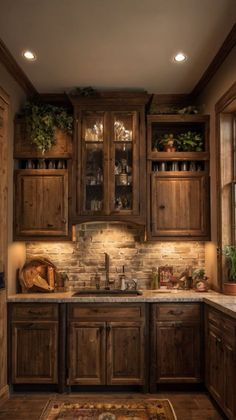 a kitchen filled with lots of wooden cupboards and counter top space next to a rug