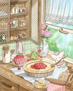 a drawing of a pie on a kitchen counter with flowers in the window sill