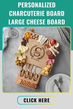 the personalized charcuterie board large cheese board is shown with utensils