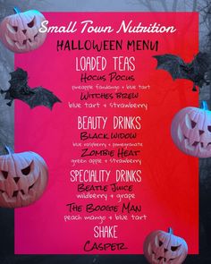 a halloween menu with pumpkins and bats