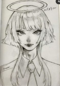 a pencil drawing of a girl with an angel halo on her head, wearing a shirt and tie