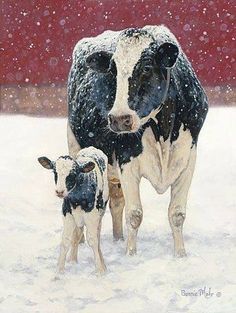 a painting of a cow and its calf in the snow