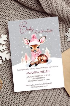 Baby it's cold outside winter themed baby shower template invitation digital download cute deer snow January Baby Shower Themes Neutral, Baby Its Cold Outside Baby Shower Ideas Pink, Baby Its Cold Outside Baby Shower Girl, Baby It’s Cold Outside Baby Shower Theme Girl, Winter Wonderland Baby Shower Ideas Girl, Pink Winter Baby Shower Ideas, Winter Wonderland Baby Shower Theme, Winter Themed Baby Shower Ideas