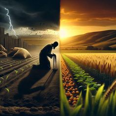 a man kneeling down in the middle of a field next to an image of a cornfield