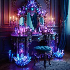 an elaborate vanity with blue lights and purple decorations