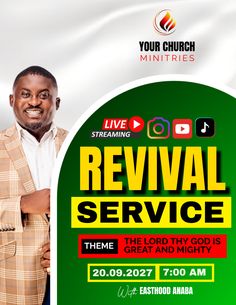 an ad for revival service with a man in a suit