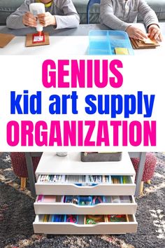 two children sitting at a table with the words genius kid art supply organization on it