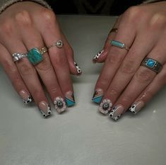 #punchy #nails #cowprint #western #westernnails #turquoise Western Nails Cactus, Punchy Nails Designs, Punchy Nails, Western Nail Art, Glitter French Nails