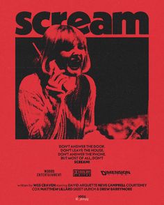 the poster for scream is shown in black and red, with an image of a woman singing