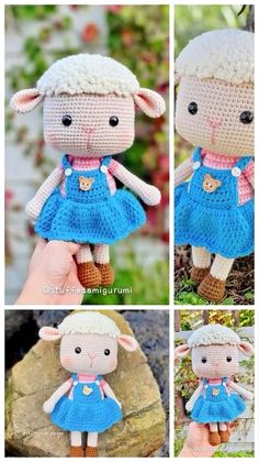 four different pictures of a stuffed animal wearing a blue dress