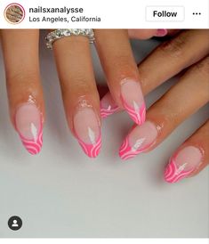 Pretty in Pink 🌷 Bright Pink French Tip Nails Almond, Pink French Design Nails, Nails Inspiration Bright, All Pink Acrylic Nails, Trendy Nails Ideas 2023, Prom Acrylics, Pink French Tip Nails With Design, Thailand Nails, Cute Nails Acrylic