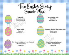 the easter story snack mix is shown with eggs and flowers in blue gingham