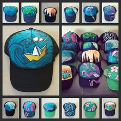 there are many hats with different designs on them