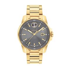 Upgrade your style to classic lines and cool color when you wear this men's Movado Bold Verso gold-toned automatic watch with a Grey dial. The Grey dial features gold-toned hands and accents, stick and numeral markers, a date display at 3 o'clock and a signature dot detail. 43.0mm gold-toned ion-plated stainless steel case with sapphire crystal Self-winding automatic movement keeps accurate time. The gold-toned ion-plated stainless steel link bracelet secures with a deployment clasp. Water resis Gold Automatic Watch Accessories For Business, Yellow Gold Watches With Subdials For Anniversary, Elegant Yellow Gold Chronograph Automatic Watch, Anniversary Yellow Gold Watches With Subdials, Yellow Gold Automatic Watch For Business, Yellow Gold Chronograph Watch Accessories For Anniversary, Business Yellow Gold Automatic Watch, Yellow Gold Business Watches With Polished Finish, Yellow Gold Polished Business Watches