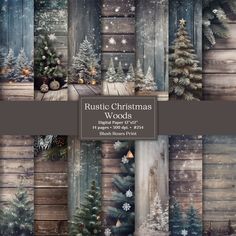 rustic christmas wood digital paper set with snowflakes and fir trees on wooden planks