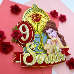 a close up of a sign on a wall with flowers in the background and an image of princess