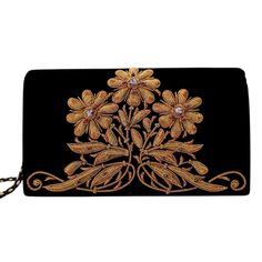 "Exquisite black velvet evening bag, hand embroidered in the zardozi style with copper colored metallic flowers and embellished with genuine amethysts, to create an opulent, dazzling 3D effect. The matte copper threads change to shiny at the tips of the flowers and the leaves. Add an eye-catching pop of color, texture and sparkly bling to your overall party look. It is just the right size to hold your essentials for the night - phone, credit cards, money, keys and lipstick. The shoulder strap ke Gold Evening Bag With Zari Work, Embroidered Evening Bag For Festivals, Festive Formal Evening Bag With Gold Embroidery, Formal Festive Evening Bag With Gold Embroidery, Festive Formal Evening Bag With Floral Embroidery, Festive Floral Embroidered Evening Bag For Formal Occasions, Festive Floral Embroidery Evening Bag, Elegant Black Bags With Zari Work, Elegant Black Bag With Zari Work