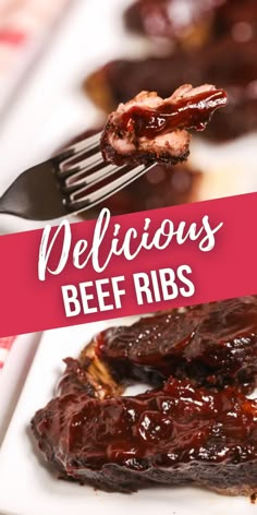 a fork with some ribs on it and the words delicious beef ribs above it