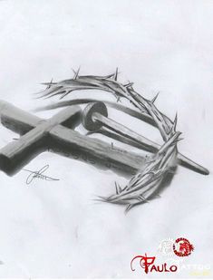 a pencil drawing of a cross and crown of thorns