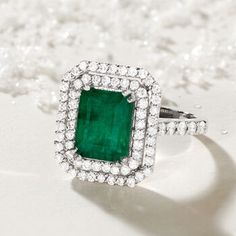 Ross-Simons - 3.00ct Emerald, 1.60ct t. w. Diamond Ring in 14kt White Gold. Size 8. An enticing 3.00 carat emerald glows within a double halo of 1.60 ct. t. w. round brilliant-cut diamonds, which also trail the 14kt white gold shank. Whether you call it a head-turner or a showstopper, this ring for sure makes a statement! 5/8" wide. Diamond and emerald ring. Emerald birthstones are the perfect gift for May birthdays. Luxury Emerald-cut Emerald Ring With Halo Design, 14k White Gold Emerald Ring With Brilliant Cut, Luxury Emerald Cut Emerald Ring With Halo Design, Gia Certified Emerald Diamond Ring, Timeless Style, Gia Certified Timeless Emerald Ring For May Birthstone, Gia Certified Formal Emerald Cut Emerald Ring, Timeless Gia Certified Emerald Ring For May Birthstone, Green Emerald Cluster Ring In Platinum, Cluster Green Emerald Ring In Platinum