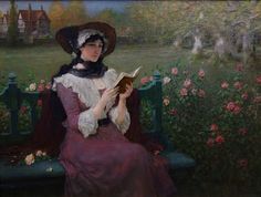 a painting of a woman sitting on a bench in front of flowers reading a book