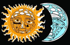 two sun and moon faces are shown in the same color scheme, each with different designs