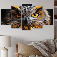 an owl's face with bright yellow eyes multi panel canvas wall art