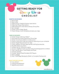 the disney world checklist is shown with mickey mouse ears on it and text reading getting ready