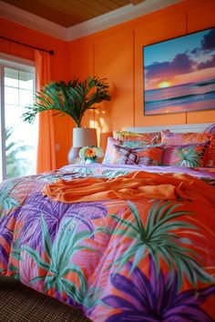 a bedroom with an orange wall and palm trees on the bed, in front of a large window