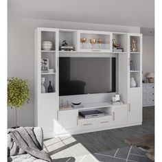 a living room with white furniture and a flat screen tv mounted on a wall unit