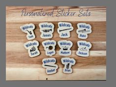 the personalized sticker sets are made from wood and include different types of items