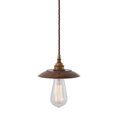 an old fashioned light hanging from a ceiling fixture with a brown cord attached to it