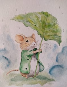 a watercolor painting of a mouse holding a green leaf in the rain with it's eyes closed