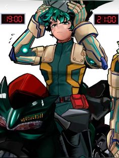 an anime character sitting on top of a motorcycle next to another character with green hair