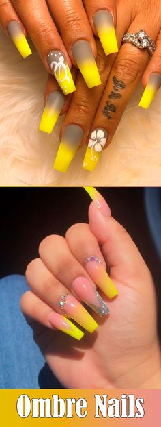 Yellow Ombre Nails Coffin, Pink Ombre Nails Glitter, Yellow Ombre Nails, Ombre Nails Coffin, Summer Ombre Nails, Shiny Nails Designs, Sns Nails Colors, 2019 Nails, Yellow Nails Design