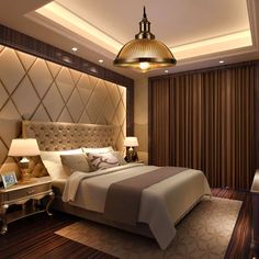 a bedroom with a large bed and lamps on either side of the headboard is lit up