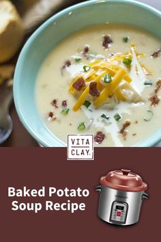 Our delicious baked potato soup recipe is hearty and easy to make in clay. Get your favorite loaded potato ingredients all in one soup for a quick and easy one pot meal idea. Crockpot Potato Soup Recipes, Vitaclay Recipes, Potato Soup Recipes, Potato Cheese Soup, Potato Soup Crockpot Recipes, Crockpot Potato Soup, Crockpot Potato, Homemade Potato Soup, Baked Potato Soup Recipe