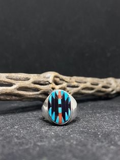 "handmade Native American Zuni inlay Multi stone Traditional Stones Mens Ring Size 11 Condition is New with tags. Shipped with USPS First Class. This ring is made with the famous Zuni style; Inlay Inlay is the process of hand-cutting each stone to fit in a flush surface. As you can see, the stones are also slightly raised to give it a textured feeling. The stones in this beautiful ring consist of sleeping Beauty Turquoise, ox blood Coral, Black onyx, and mother of pearl. Silver work is very mode Turquoise Men, Long Ring, Mens Ring Sizes, Silver Work, Sleeping Beauty Turquoise, Mens Ring, Light Blue Color, Beautiful Ring, Multi Stone