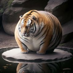 a large tiger sitting on top of a rock next to a body of water with rocks in the background