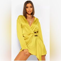 Boohoo Satin Wrap Shirt Dress Mini Beautiful Chartreuse Uk 10, Us 6 Nwt Shirt Style Dress, Wrap Shirt Dress, Boohoo Dresses, Wrap Around Dress, Wrap Shirt, Shirt Dress Style, Bodycon Fashion, Shirt Dresses, Dress Shirts For Women