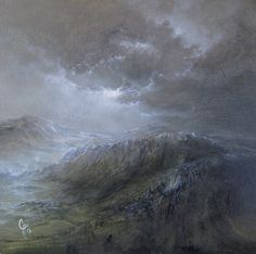 an oil painting of a mountain range in the distance with dark clouds above it and water below