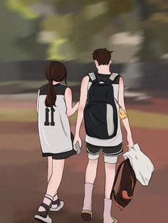 two anime characters are walking down the street