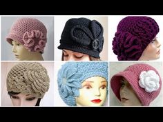 four different types of crocheted hats with flowers on each one, all in various colors